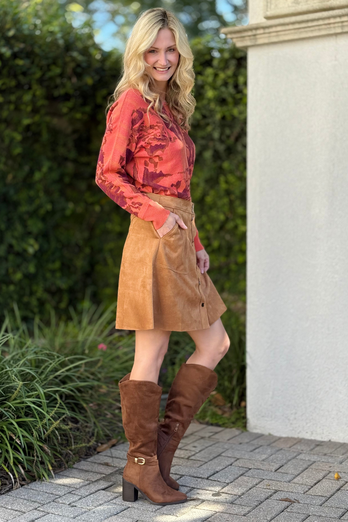 Close-up of snap-front buttons on Tribal Suede Skirt