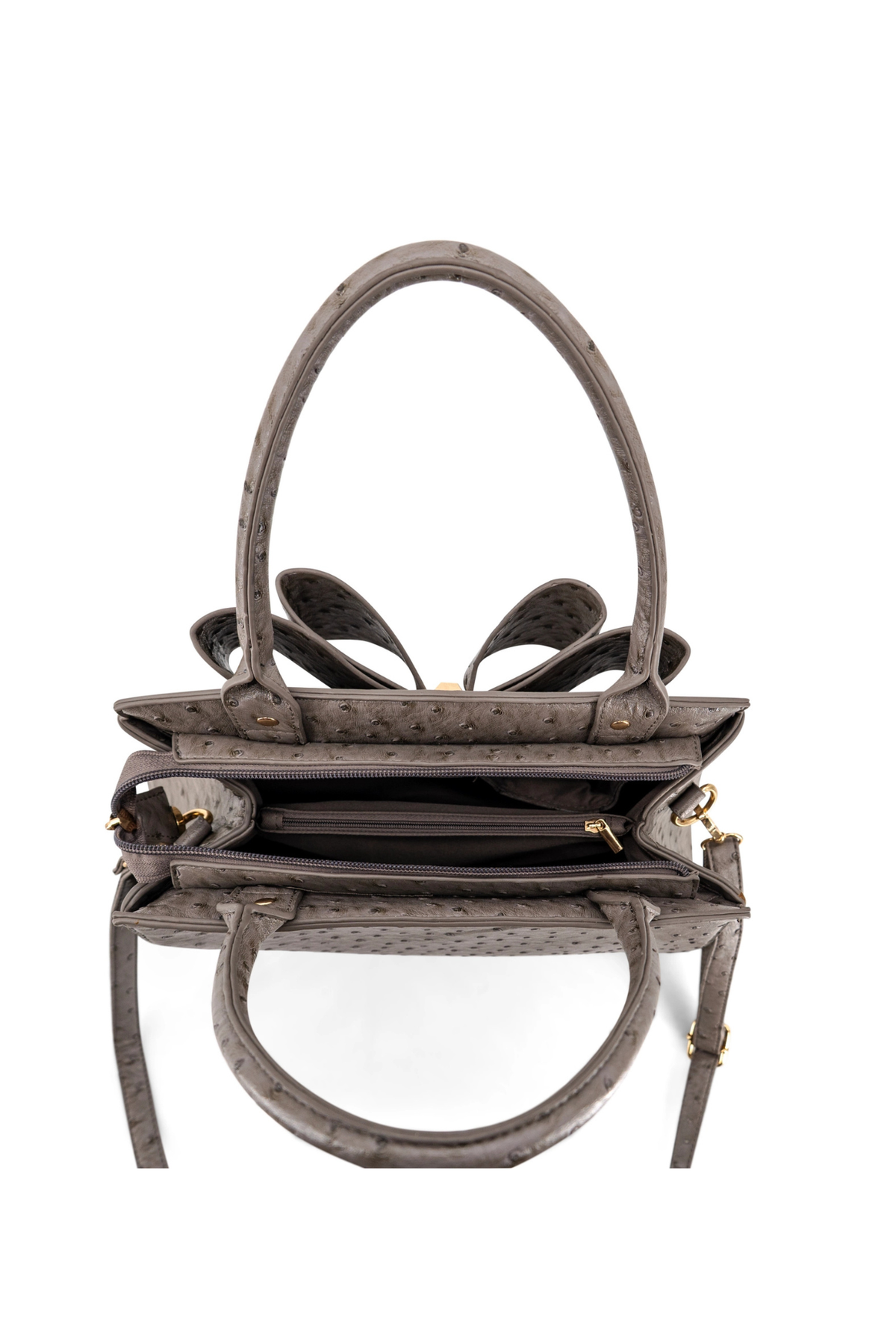 grey top handle purse with bow detail