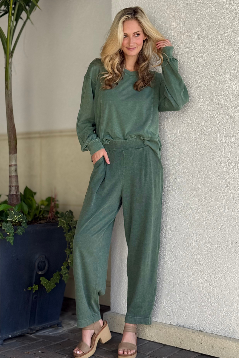 Regency Green Slub Cotton Cocoon Joggers styled with matching pullover