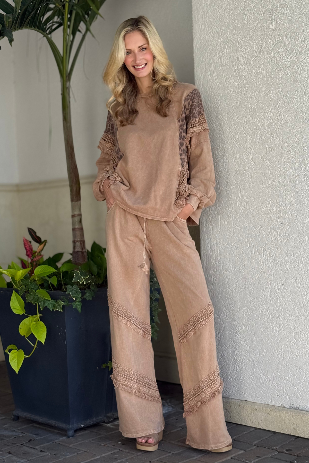 Model wearing The Latte Boho Luxe Mineral Wash Set front view