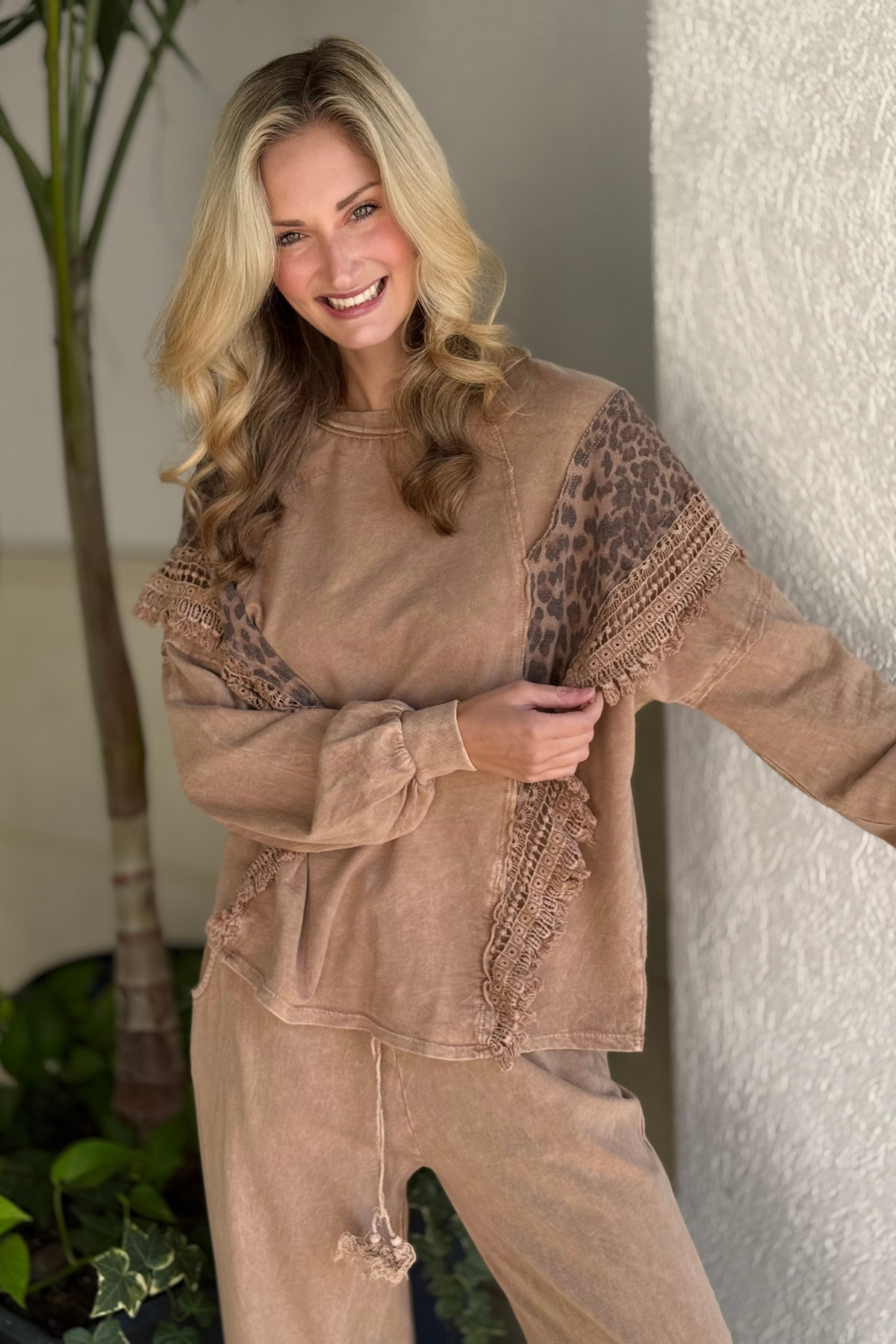 Wide-leg mineral wash pants with lace and fringe accents