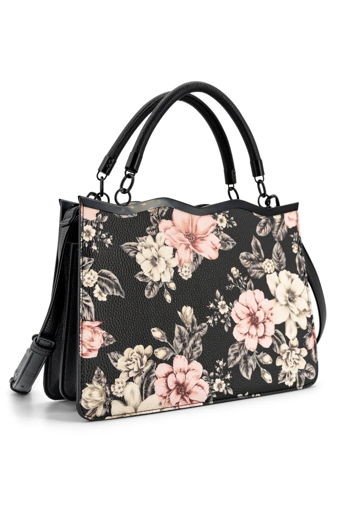 black floral crossbody satchel bag with top handles
