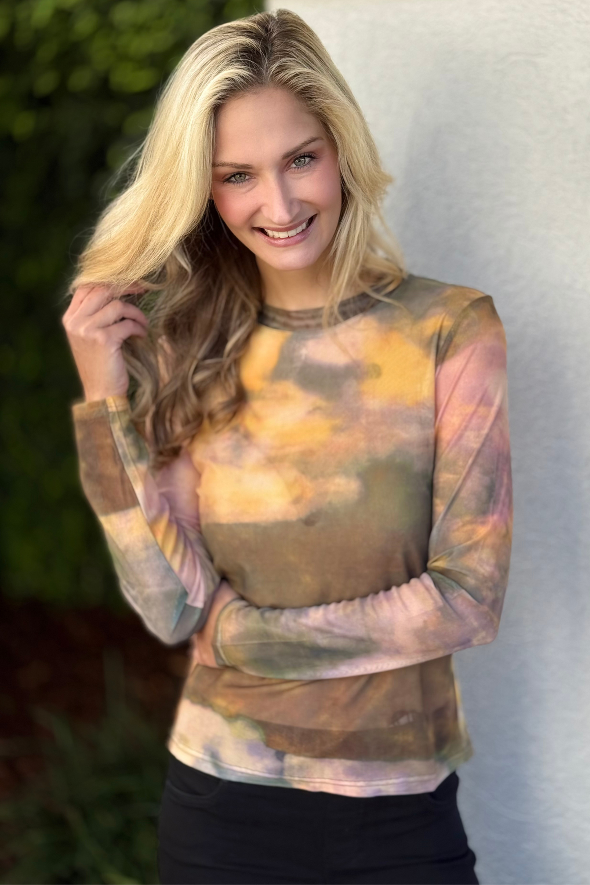 Taupe Multi Abstract Mesh Layering Long Sleeve Top
