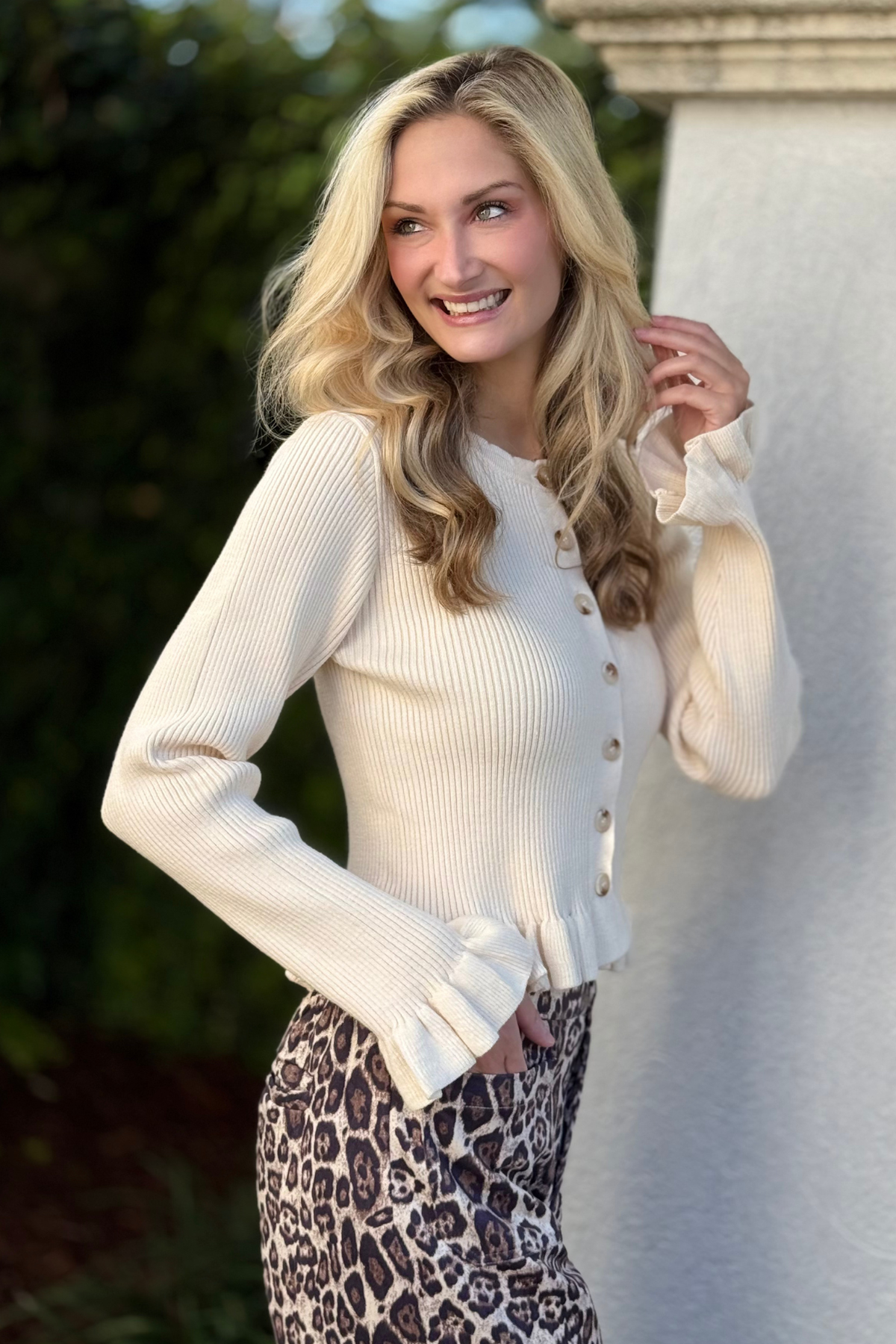 Pink Shell Sweater Egg Shell Ruffle Hem Ribbed Knit Cardigan Sweater | The Pink Nickel ...