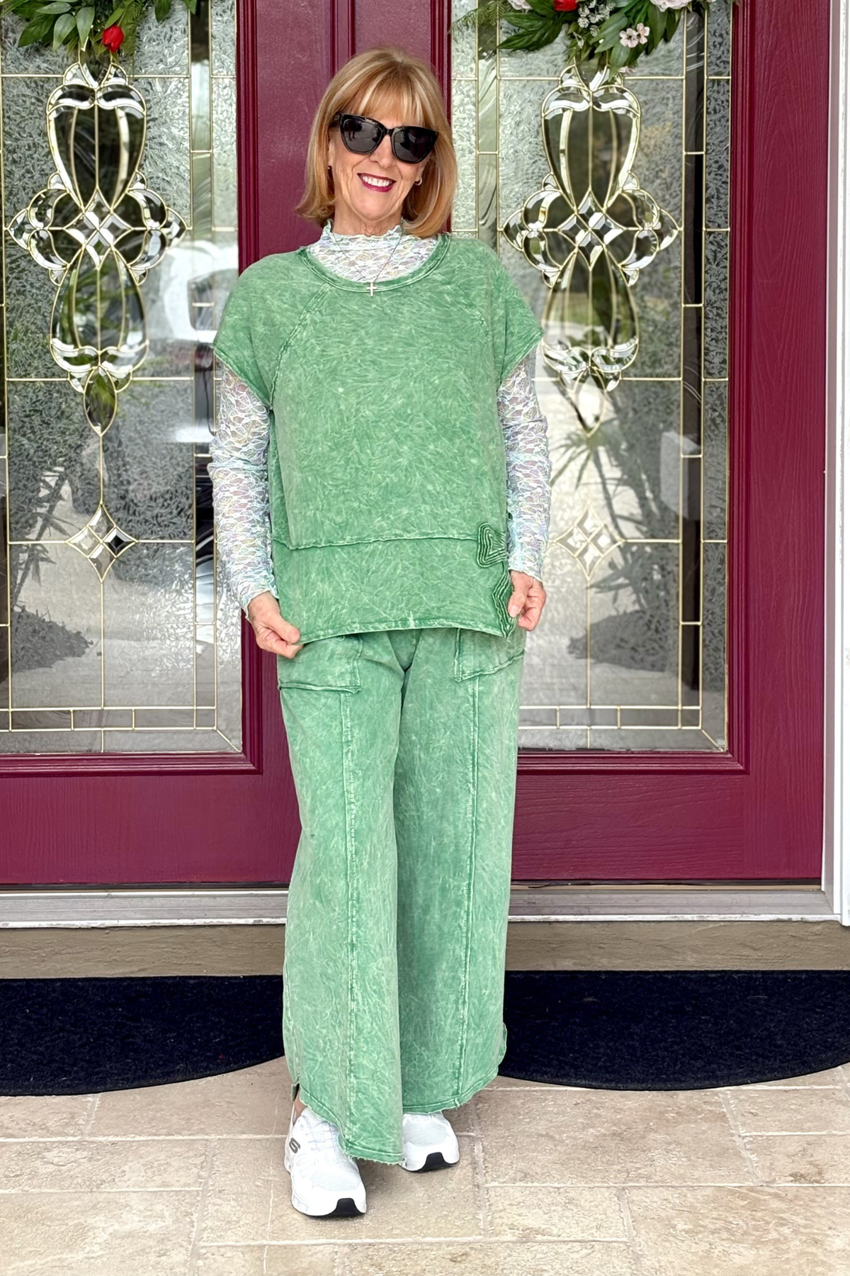 Preppy green lounge set styled with lace layering top