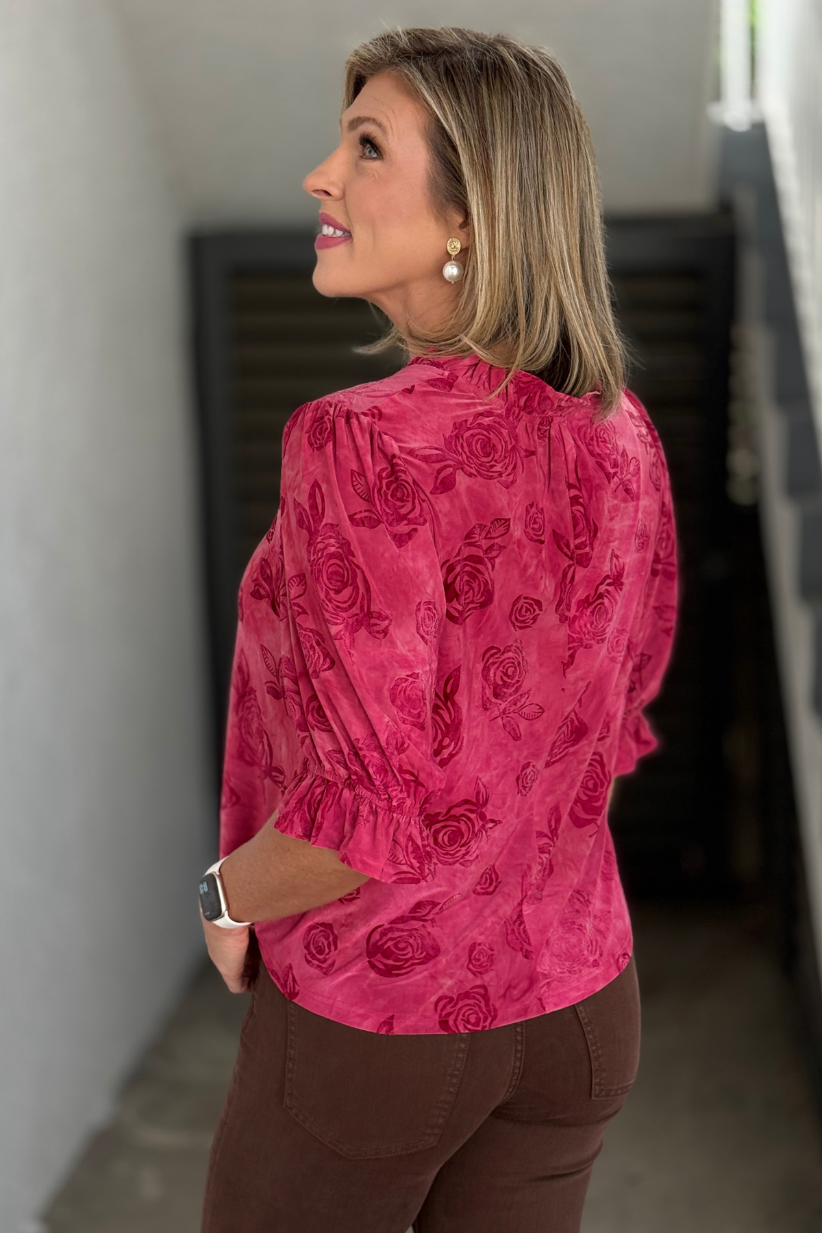 Red boutique blouse with tonal rose print and puff sleeves