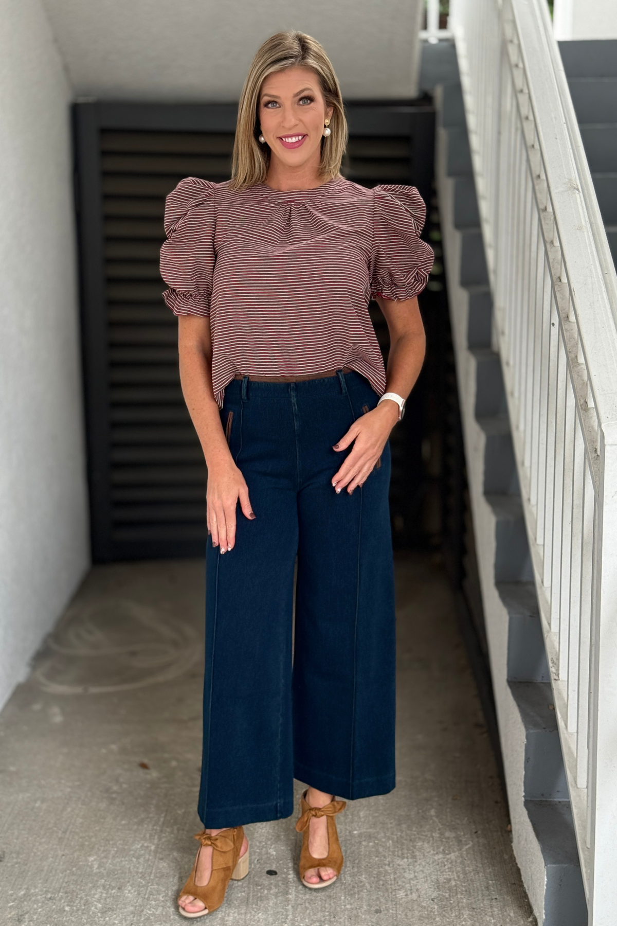 Fall burgundy stripe statement sleeve top for women