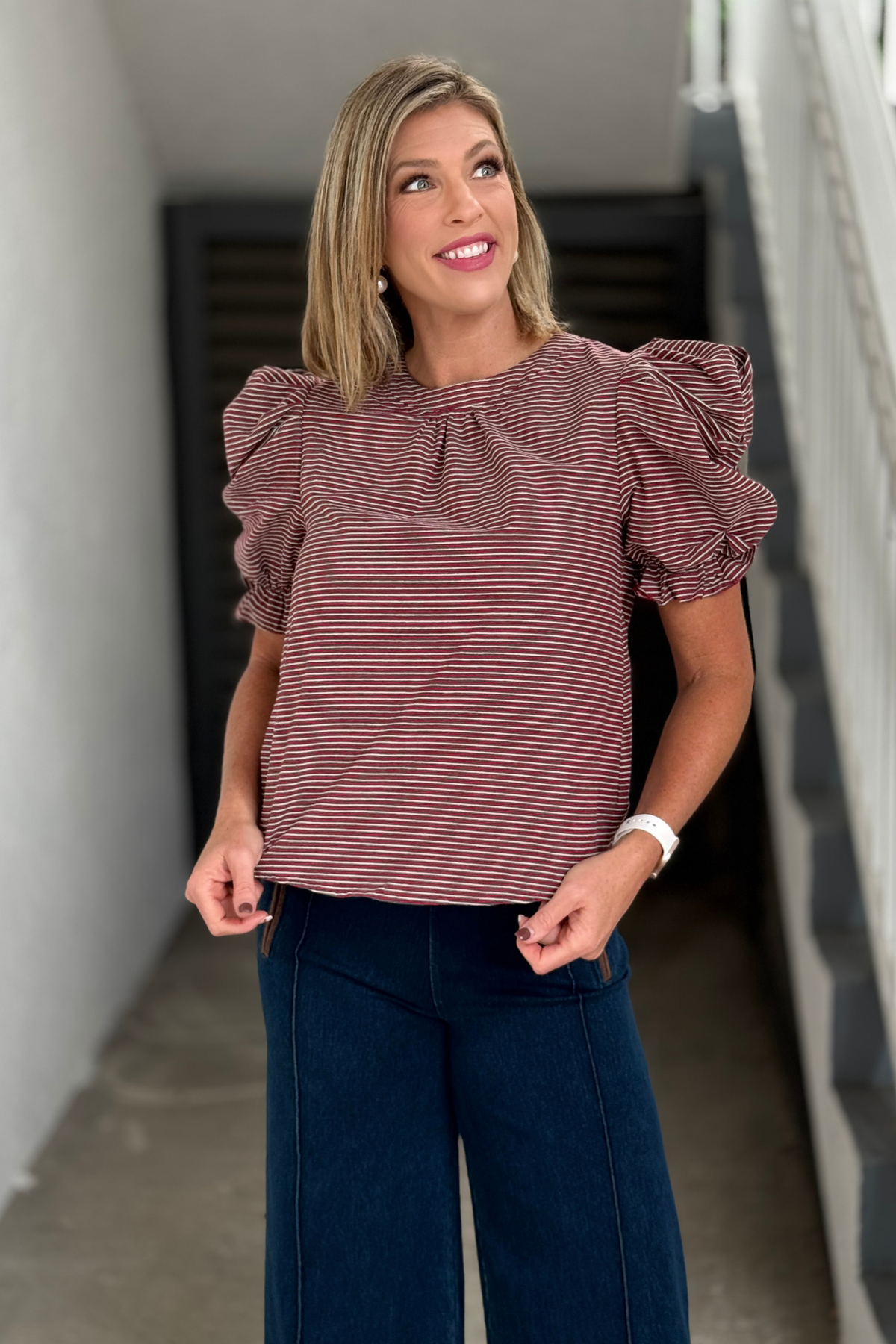 Burgundy Stripe Ruched Puff Sleeve Top front view