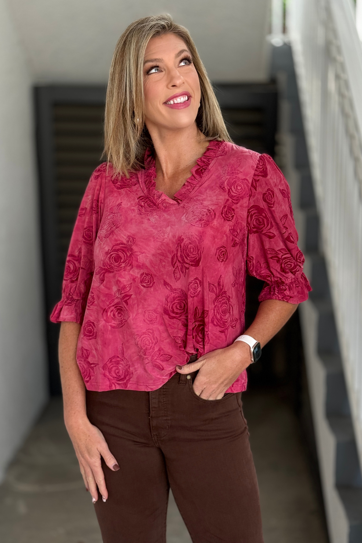 Rose Burnout Ruffle V-Neck Top in Red front view