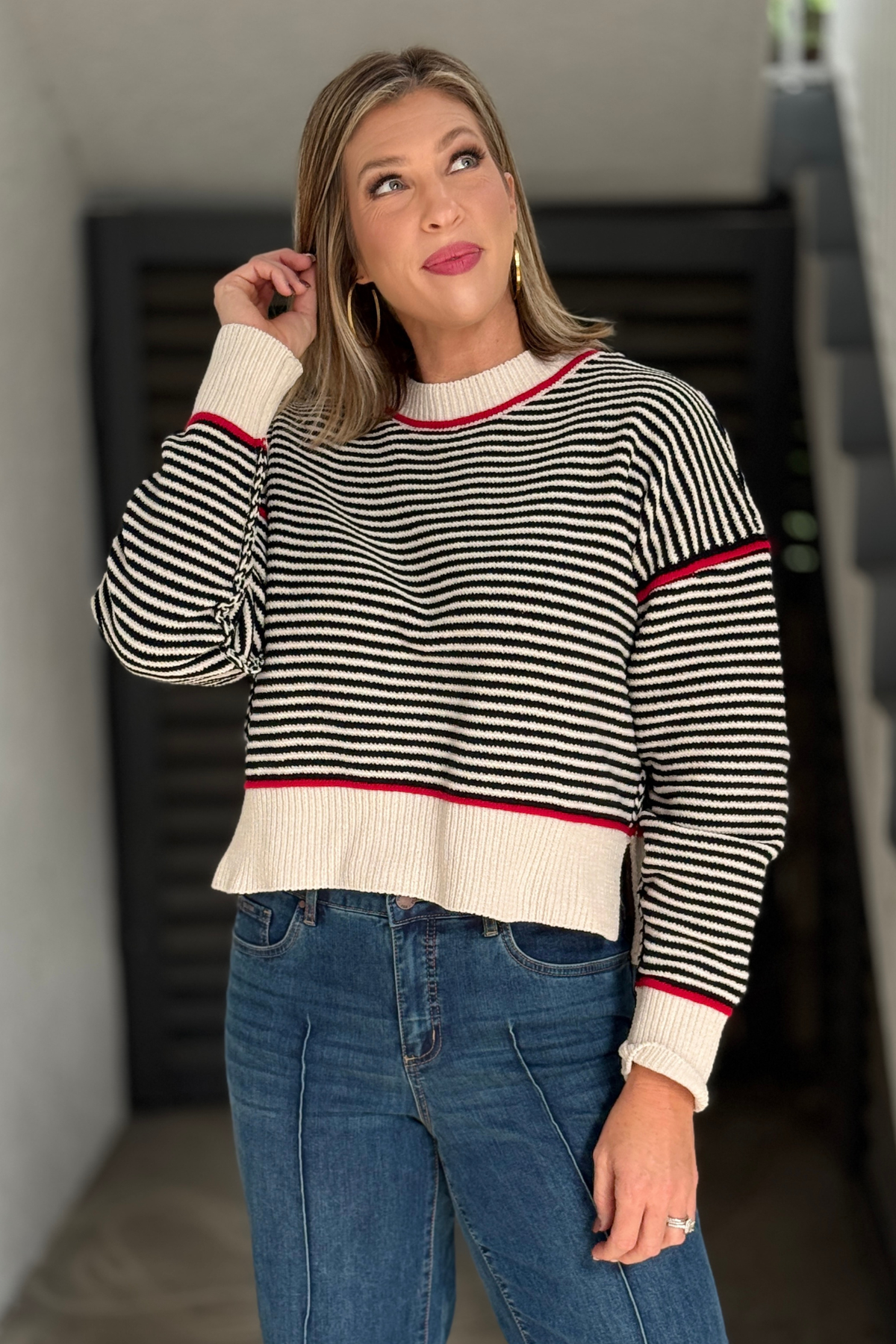 Contrast Trim Stripe Knit Sweater in black cream and red front view