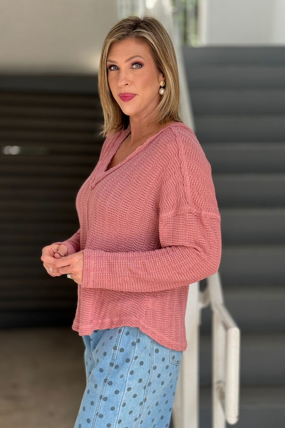 Reversible open weave knit top in mauve