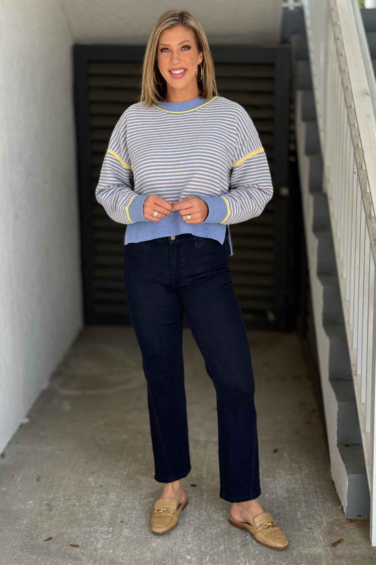 Women’s blue striped sweater with bright contrast trim