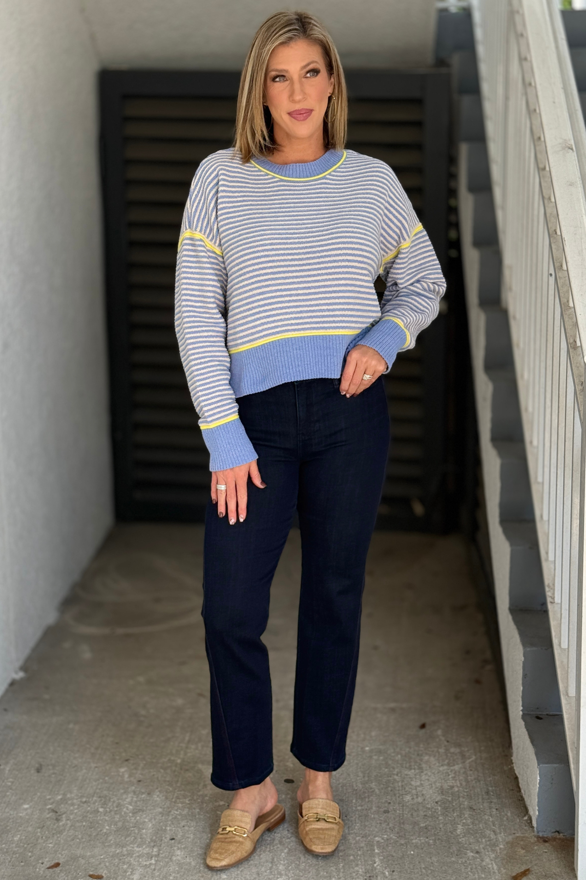 Blue Contrast Trim Stripe Knit Sweater with cream stripes