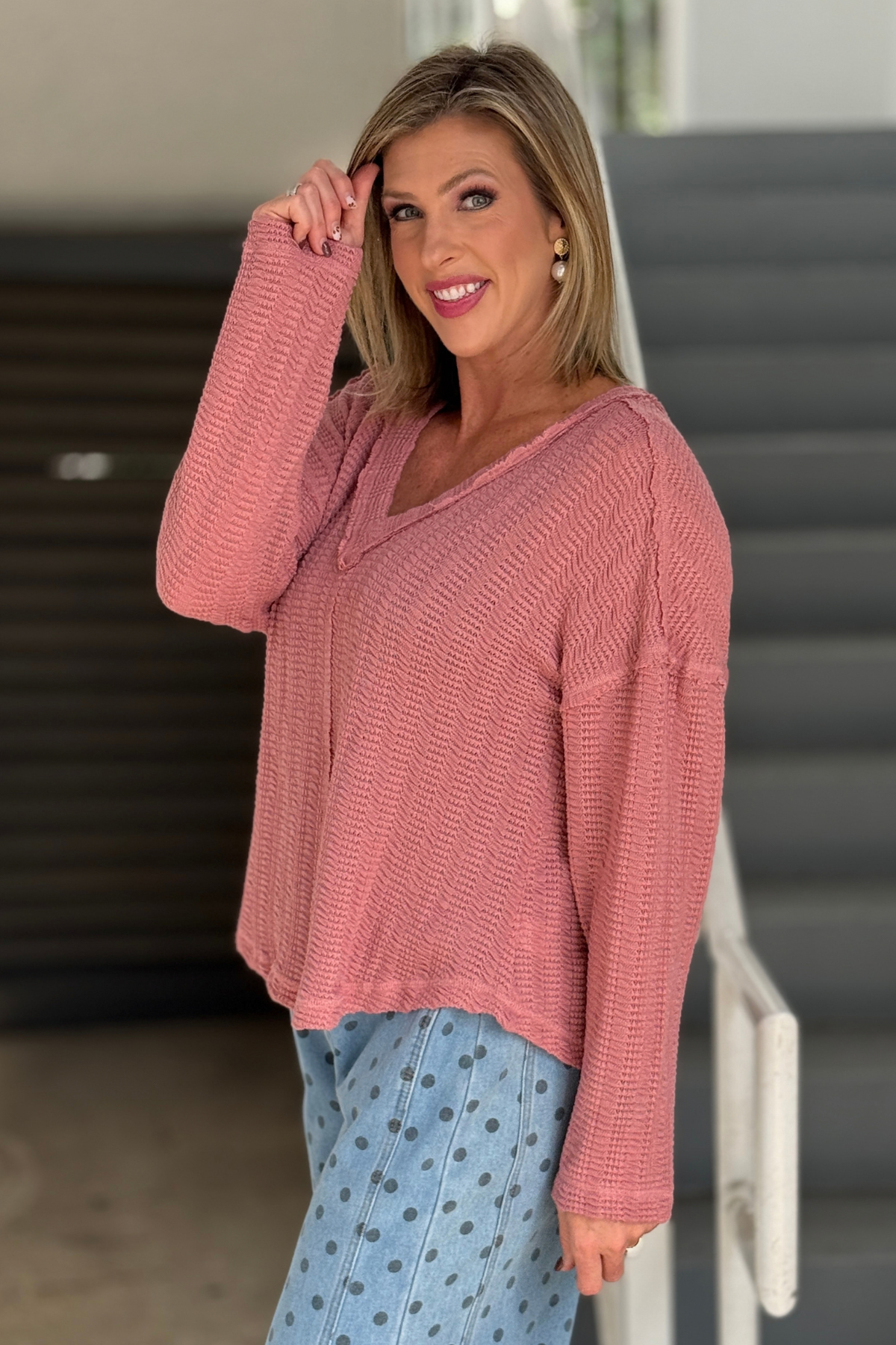 Lightweight mauve semi-sheer knit top