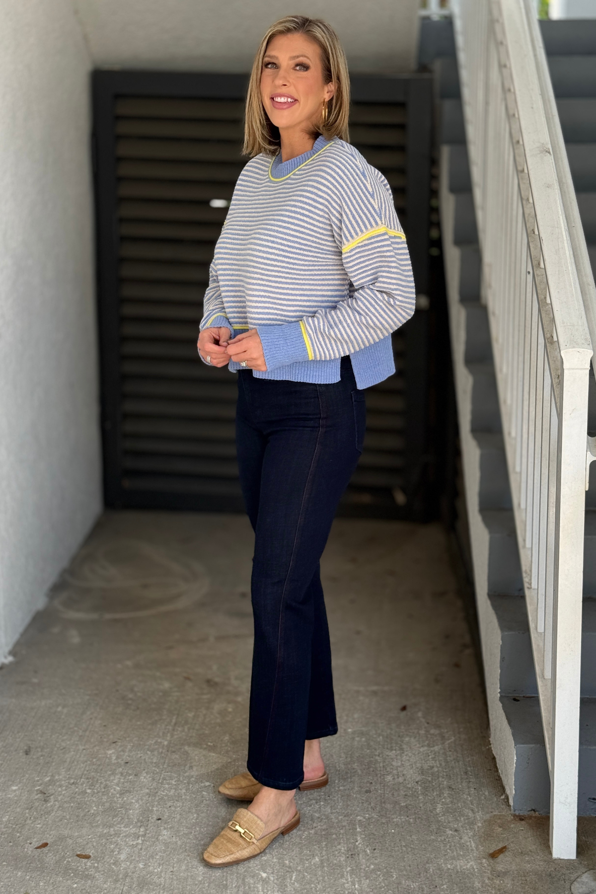 Blue and cream crew neck knit sweater with dropped shoulders
