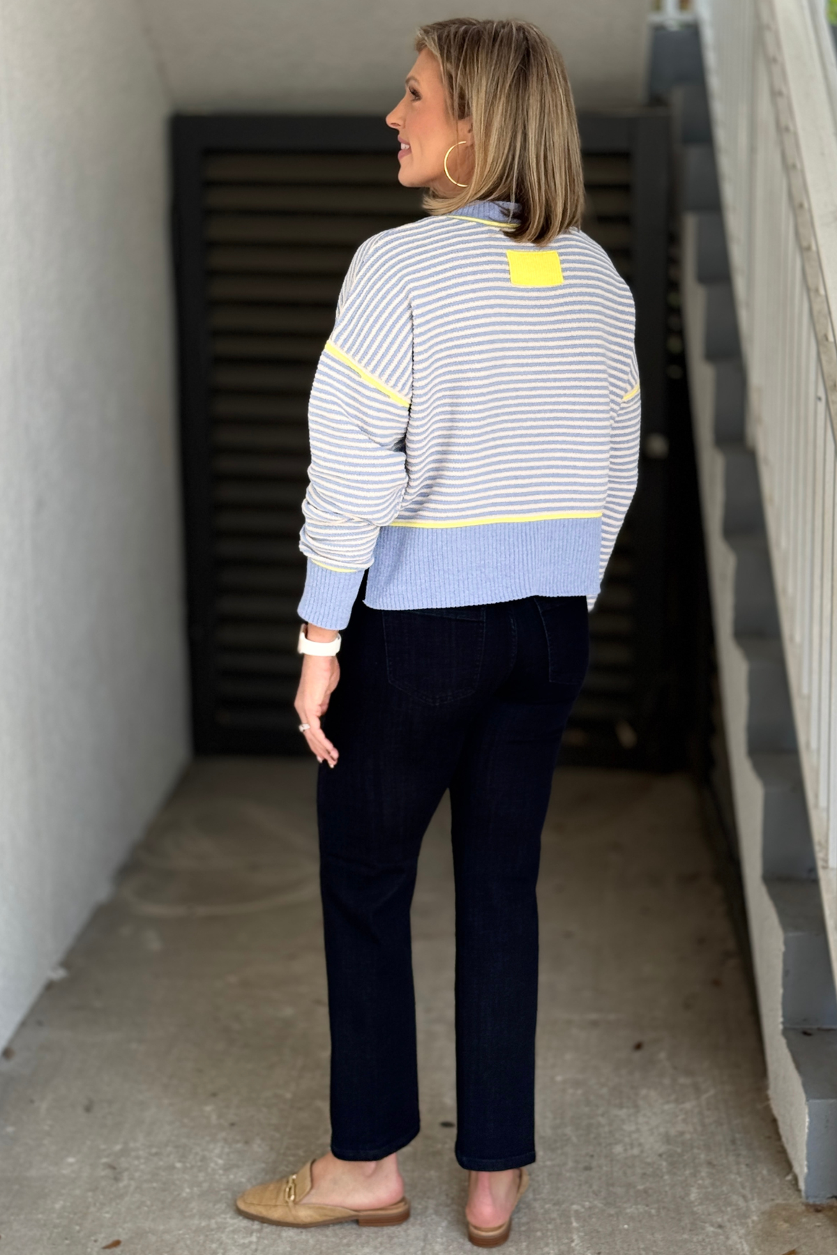 Relaxed fit blue stripe sweater with ribbed cuffs and hem