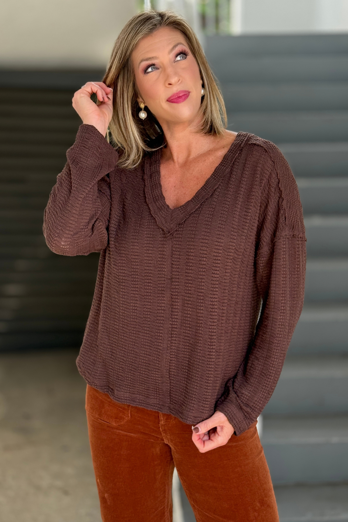 Chocolate V-neck open knit women’s top
