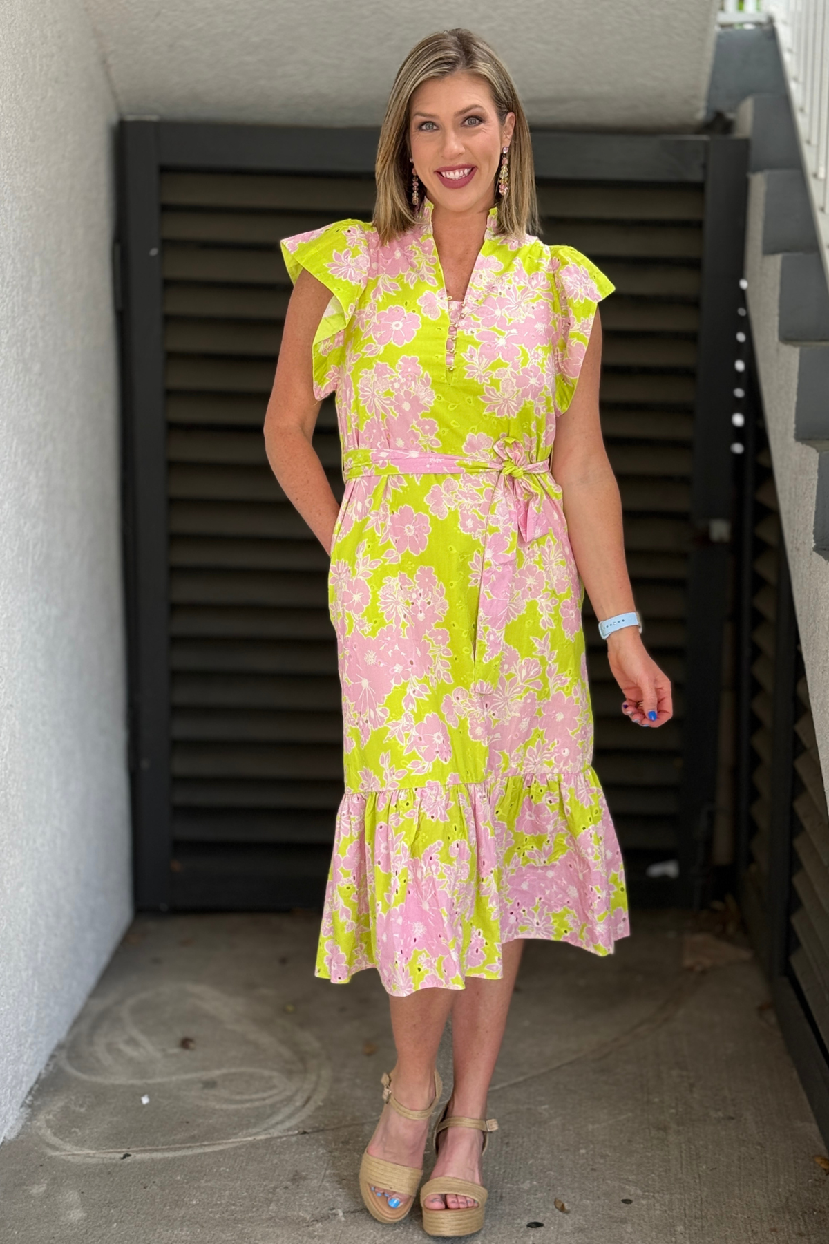 Green and Pink Floral Midi Dress with Flutter Sleeves | The Pink Nickel Women's Clothing Boutique | The Pink Nickel Green and Pink Floral Midi Dress with Flutter Sleeves | The Pink Nickel Women's Clothing Boutique | The Pink Nickel