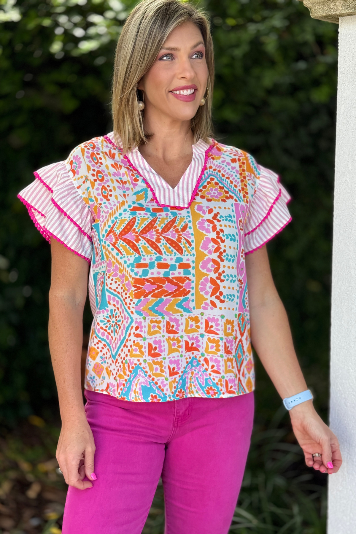 Colorful boho patchwork blouse with pink flutter sleeves