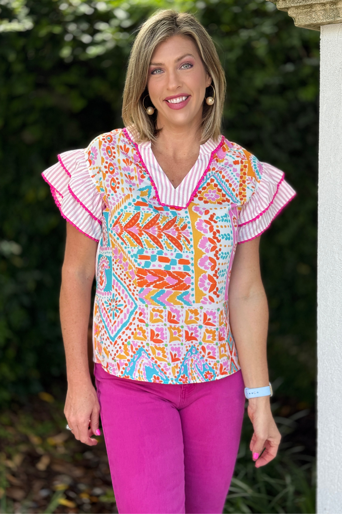 Pink striped contrast boutique top for women