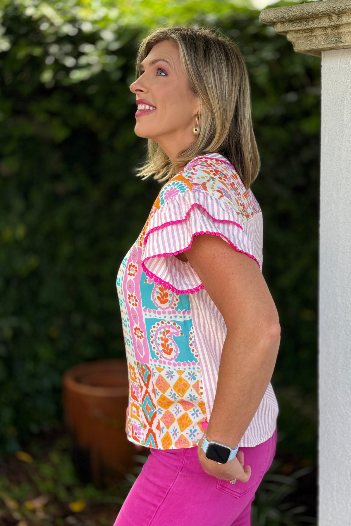 Bright multicolor flutter sleeve blouse for summer