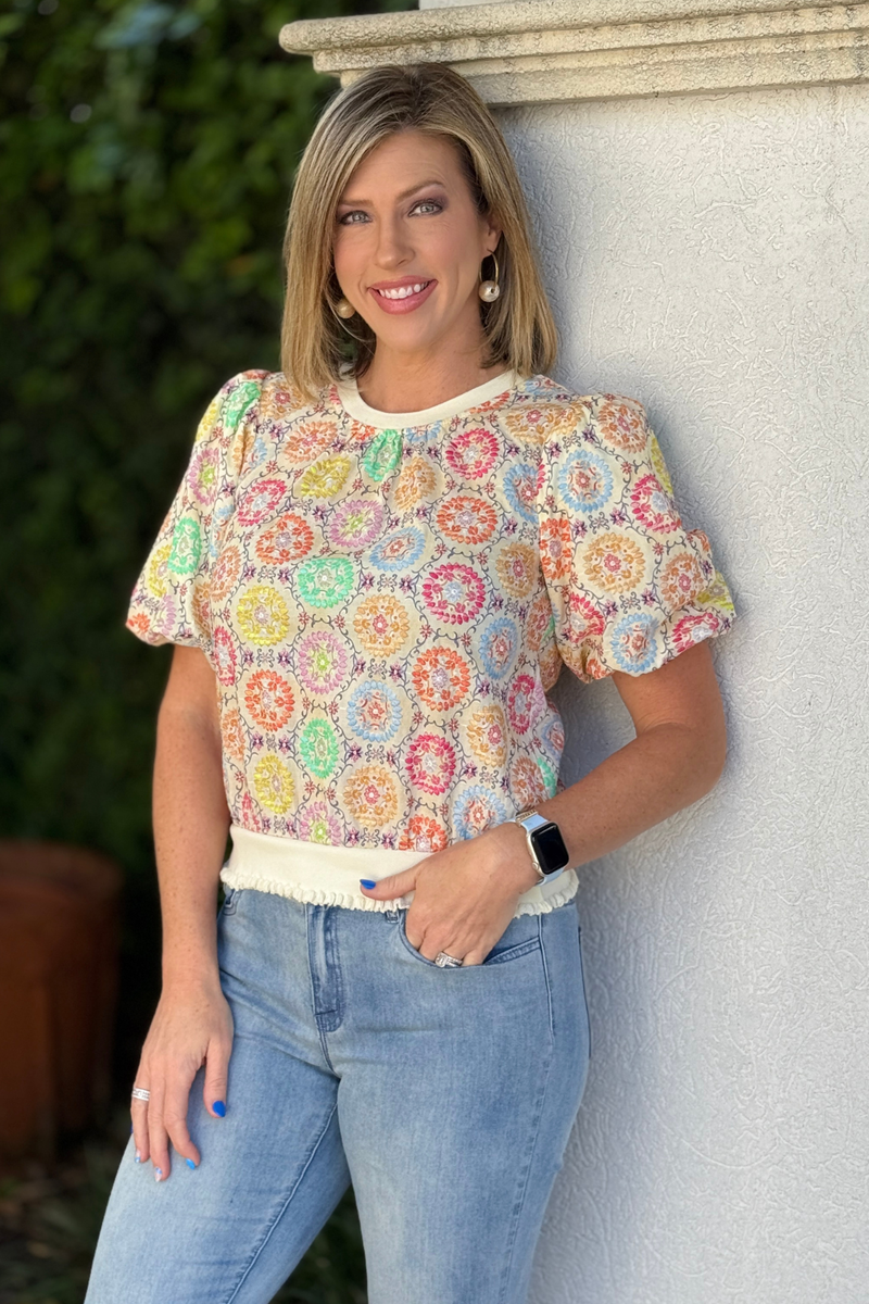 colorful medallion floral puff sleeve top front view