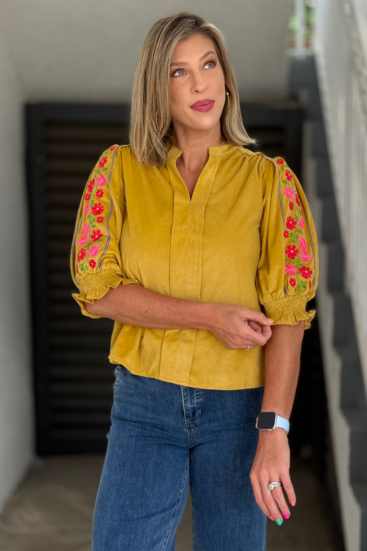Marigold Embroidered Corduroy Top in mustard front view