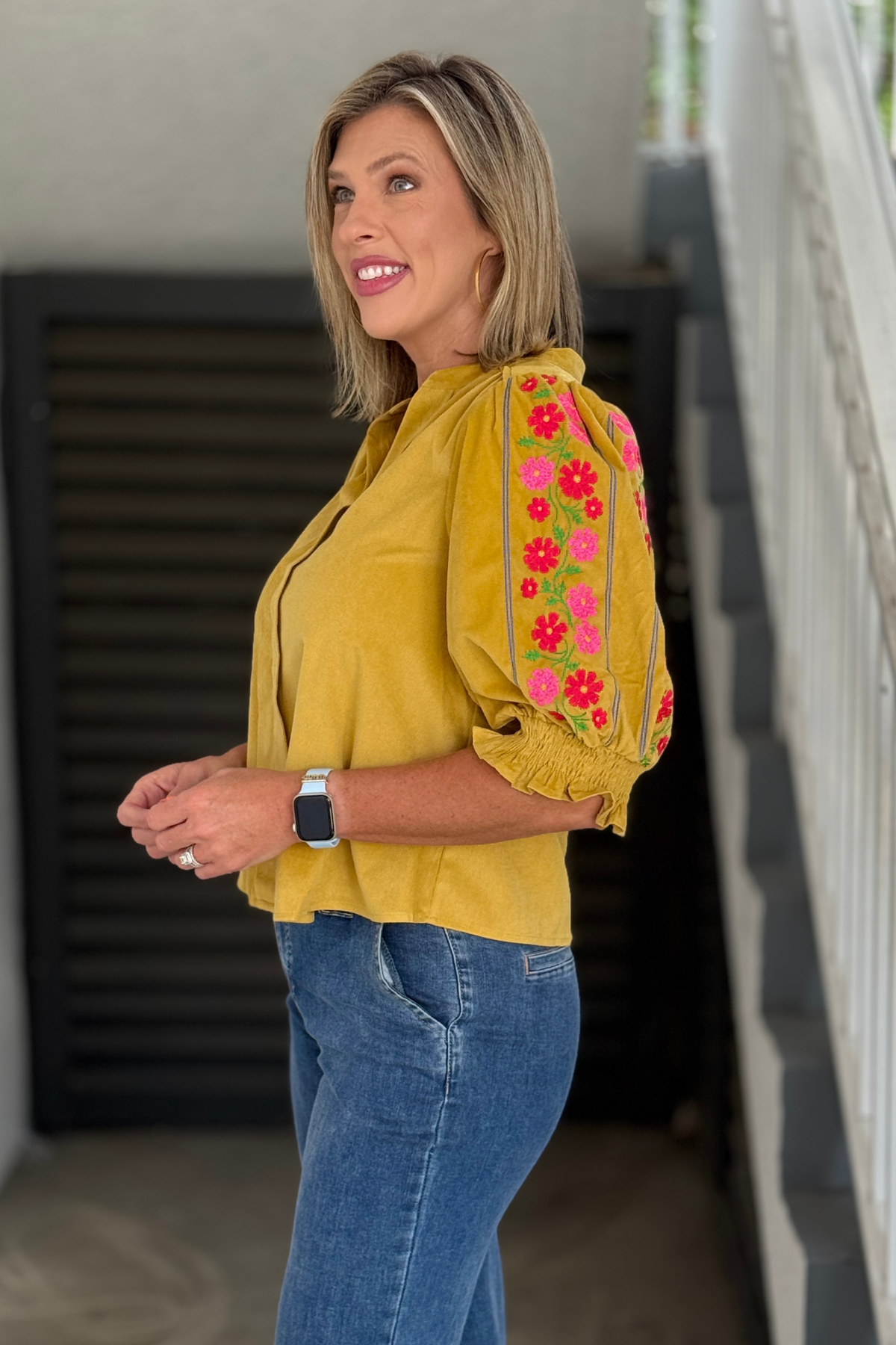 Mustard embroidered corduroy blouse back view