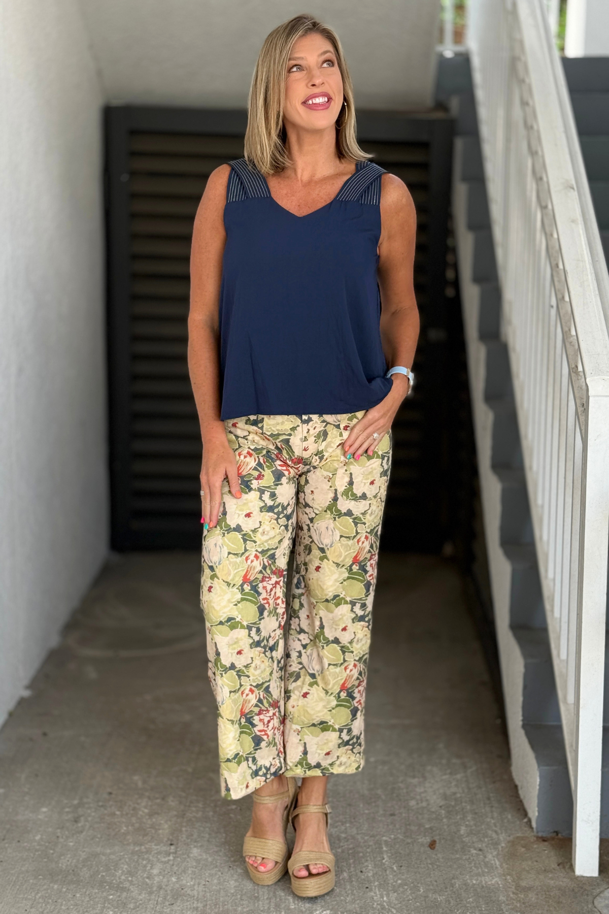 Women's olive floral cropped pants with ivory and rust print