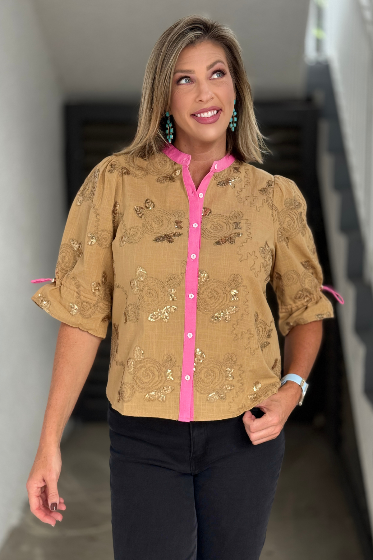 Sequin embroidered linen blend blouse with pink trim