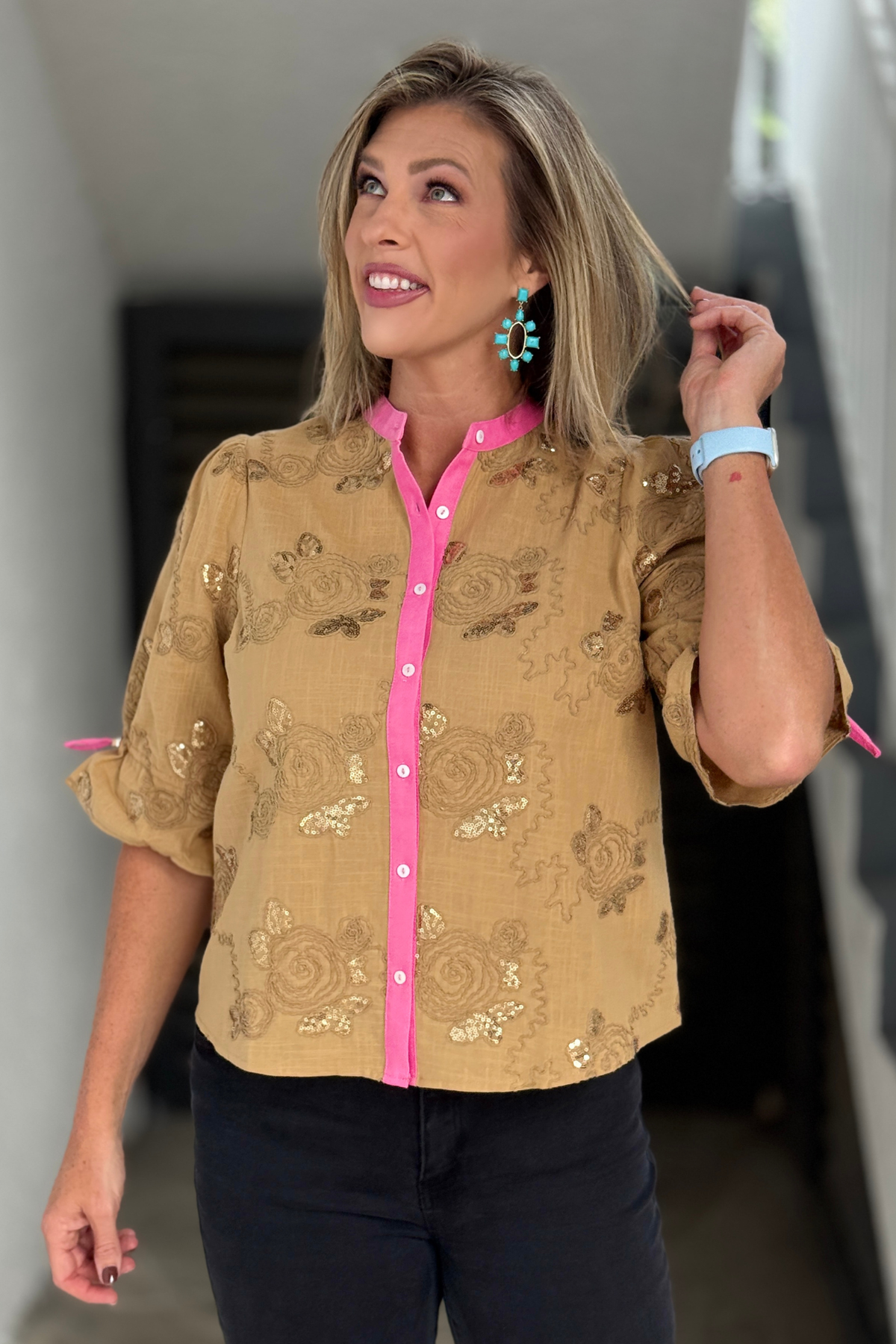 Sequin embellished blouse with pink contrast details