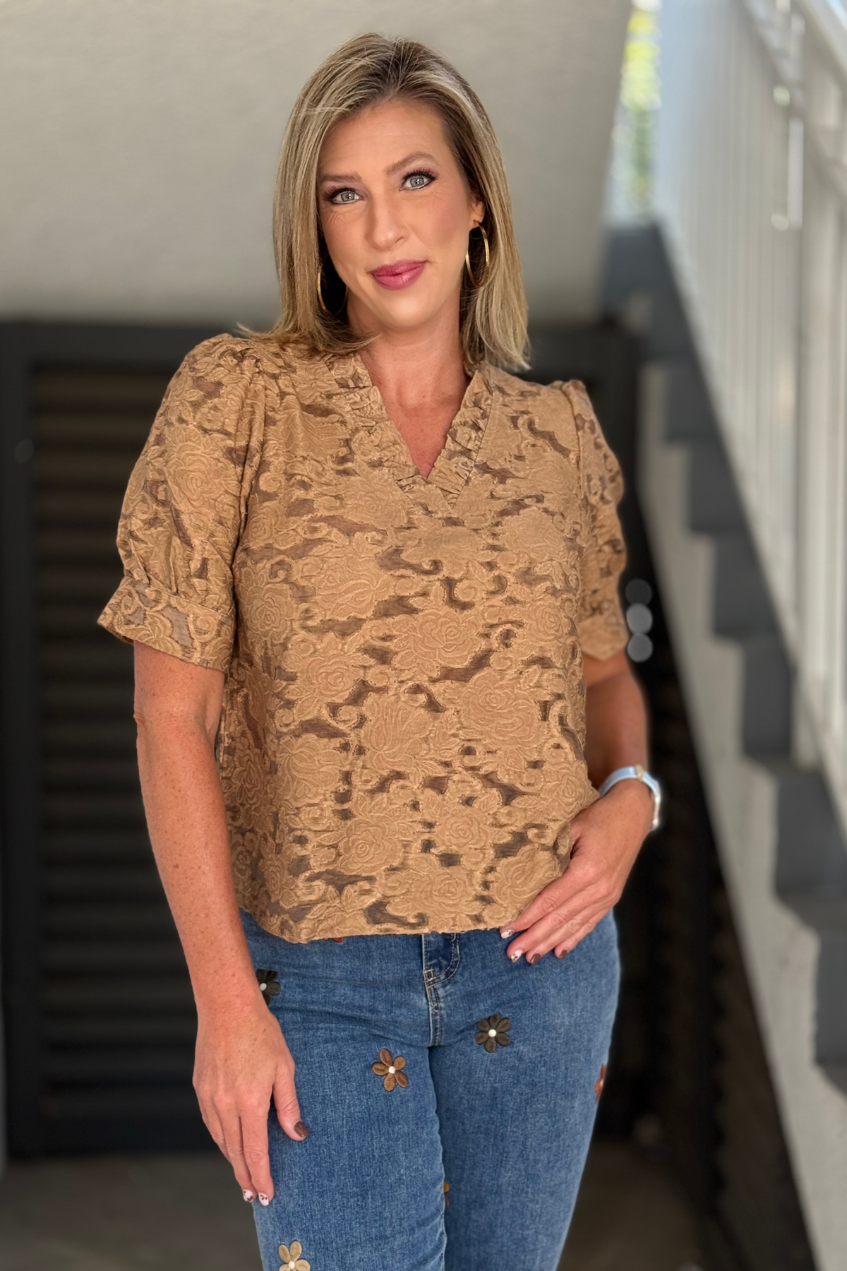 Mocha textured floral blouse with ruffle neckline
