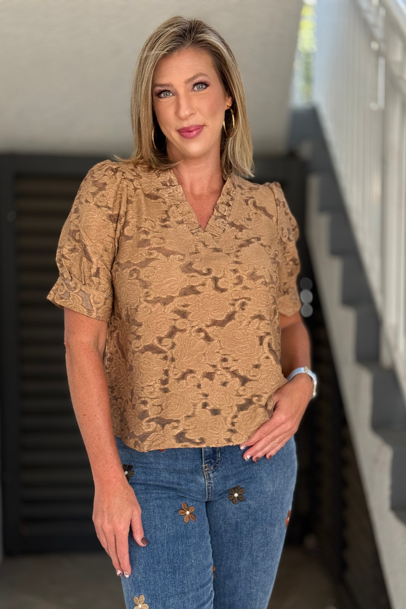Mocha textured floral blouse with ruffle neckline