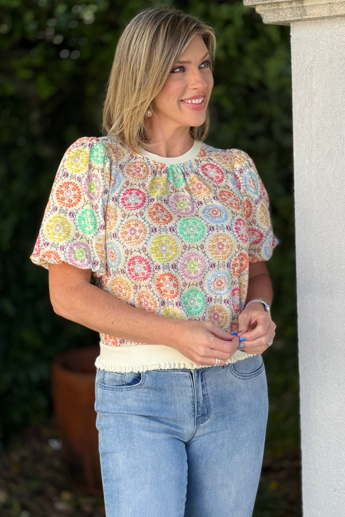 spring embroidered floral top with bubble sleeves