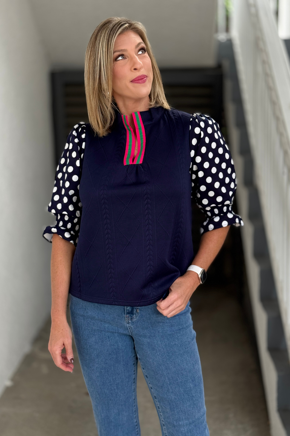 Polka Dot Contrast Sleeve Braided Knit Top in Navy front view