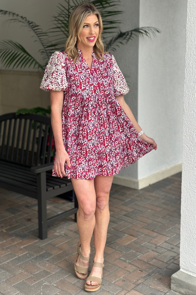 Pure Sweetness Embroidered Puff Sleeve Printed Dress