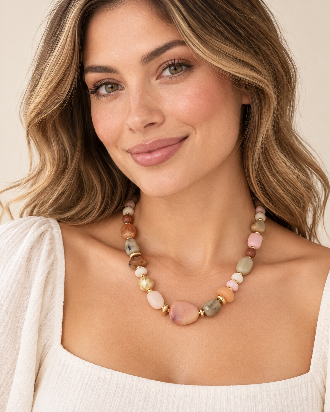 Light Pink & Multi Marbled Bead Necklace