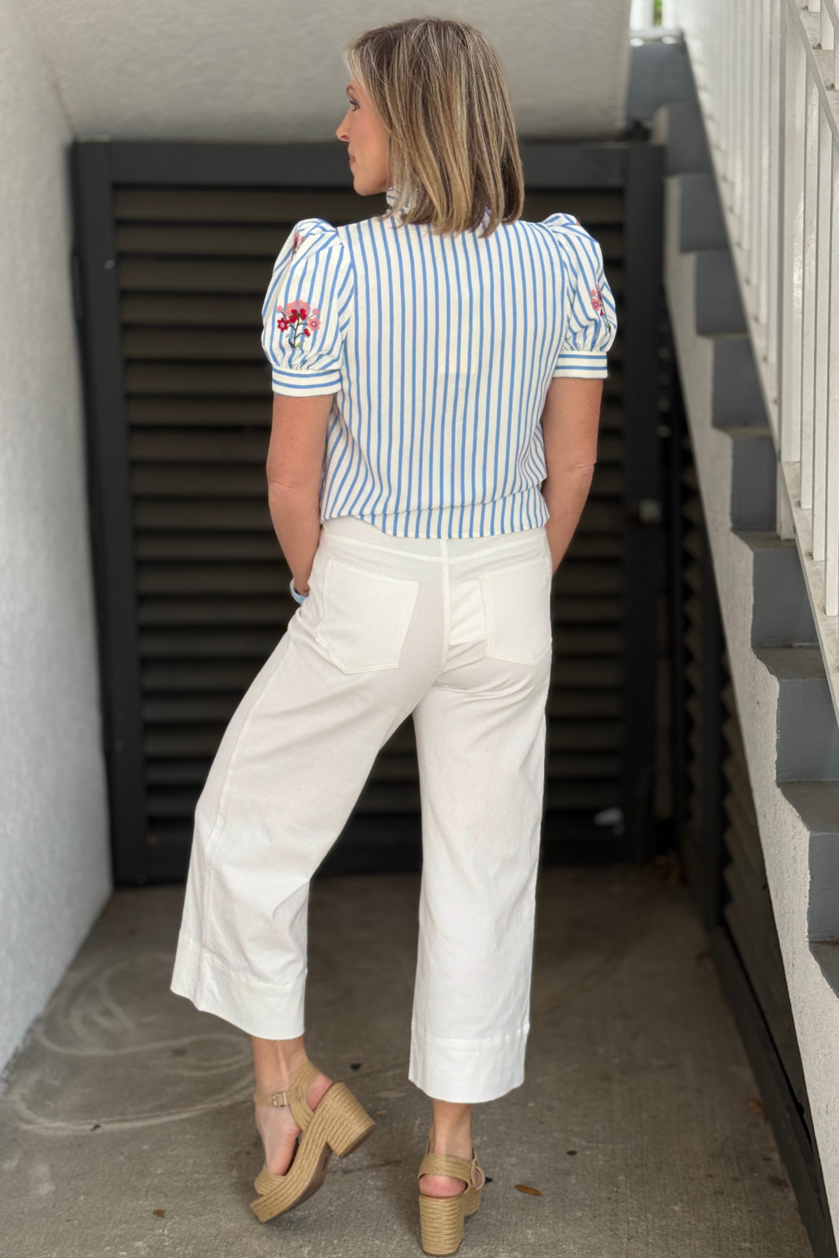 chic high rise white pants outfit inspiration