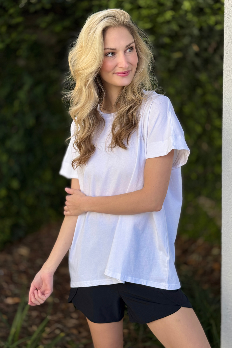 Relaxed fit white boutique basic tee with cap sleeves