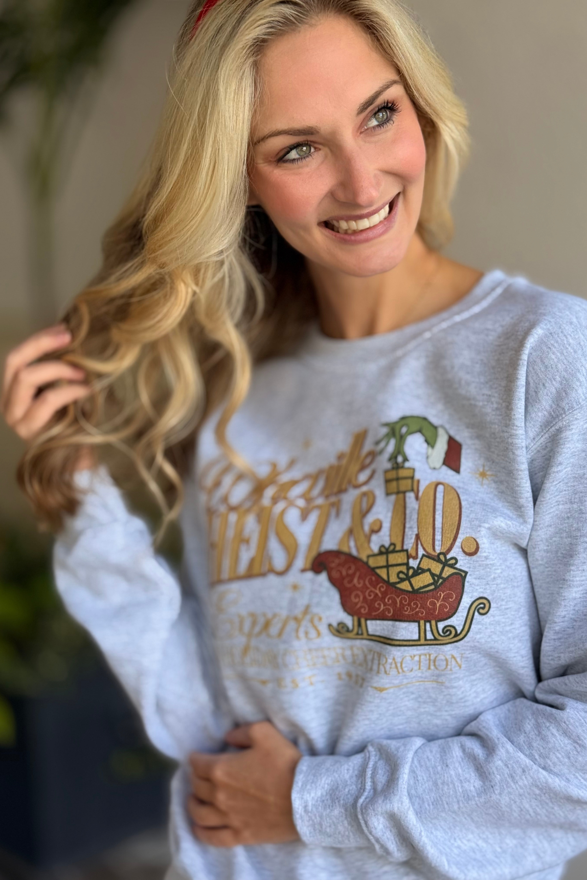 Holiday graphic Whoville Christmas sweatshirt close-up