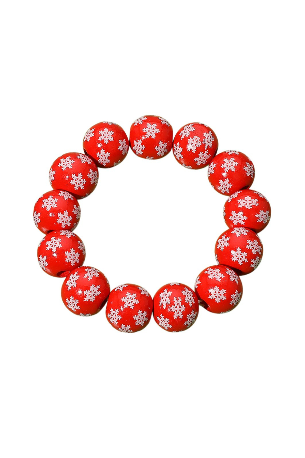 Red wooden beaded stretch bracelet with white snowflake pattern
