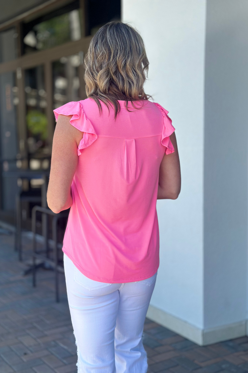 TPN Charlena Solid Ruffle Sleeve Top-Neon Pink