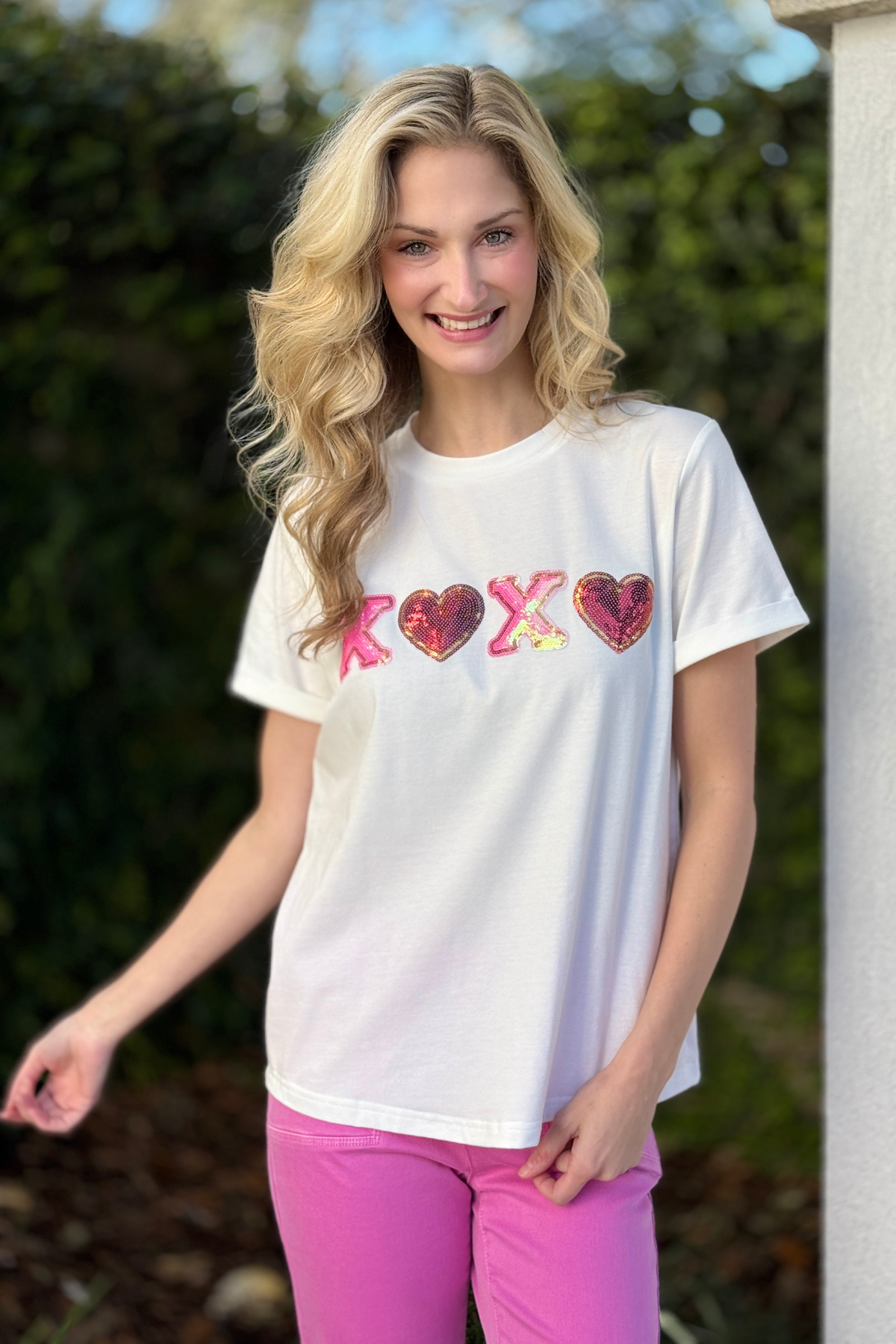 White XOXO sequin heart patch Valentine’s graphic tee front view