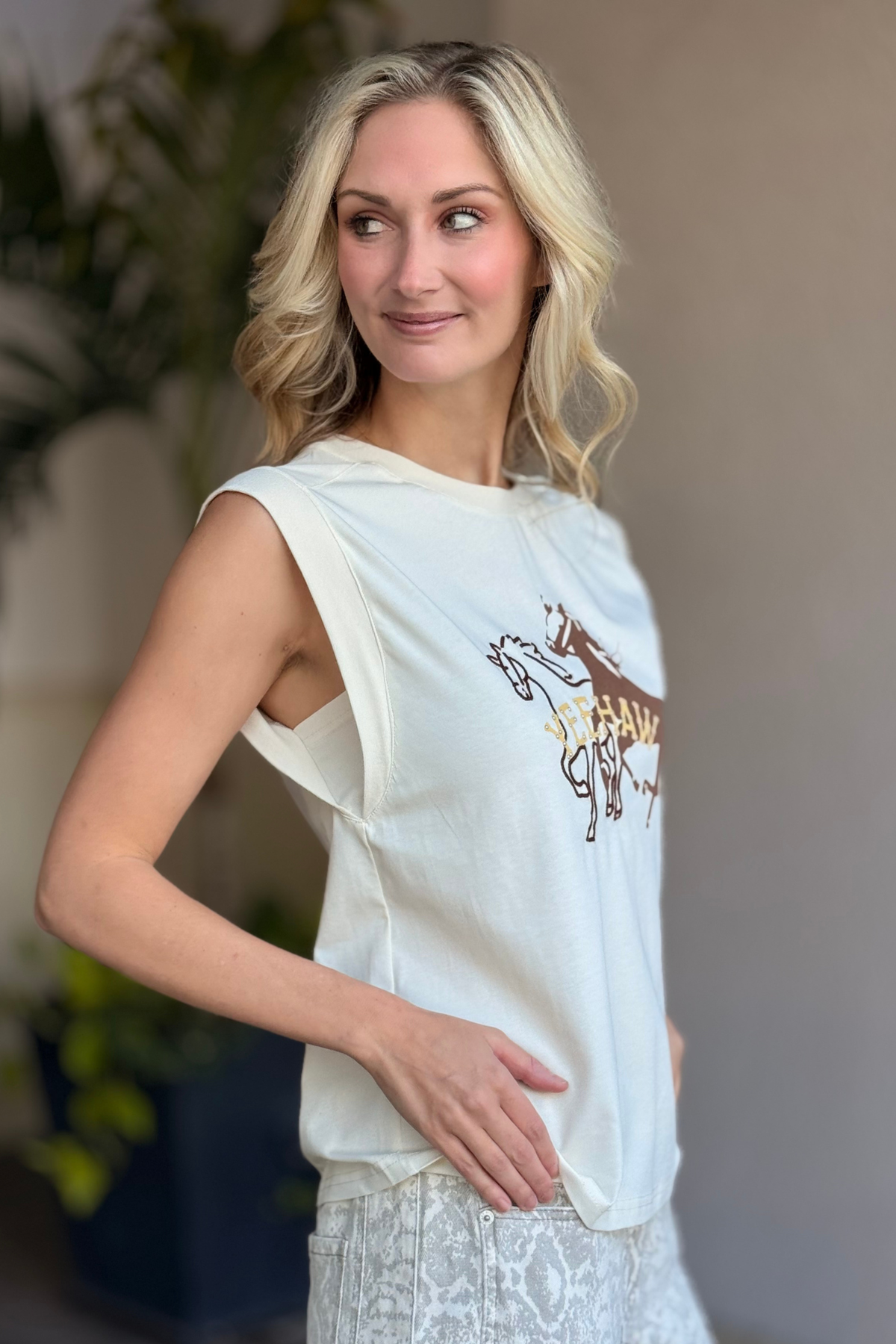 Women’s wild horse Yeehaw graphic tank styled with printed pants