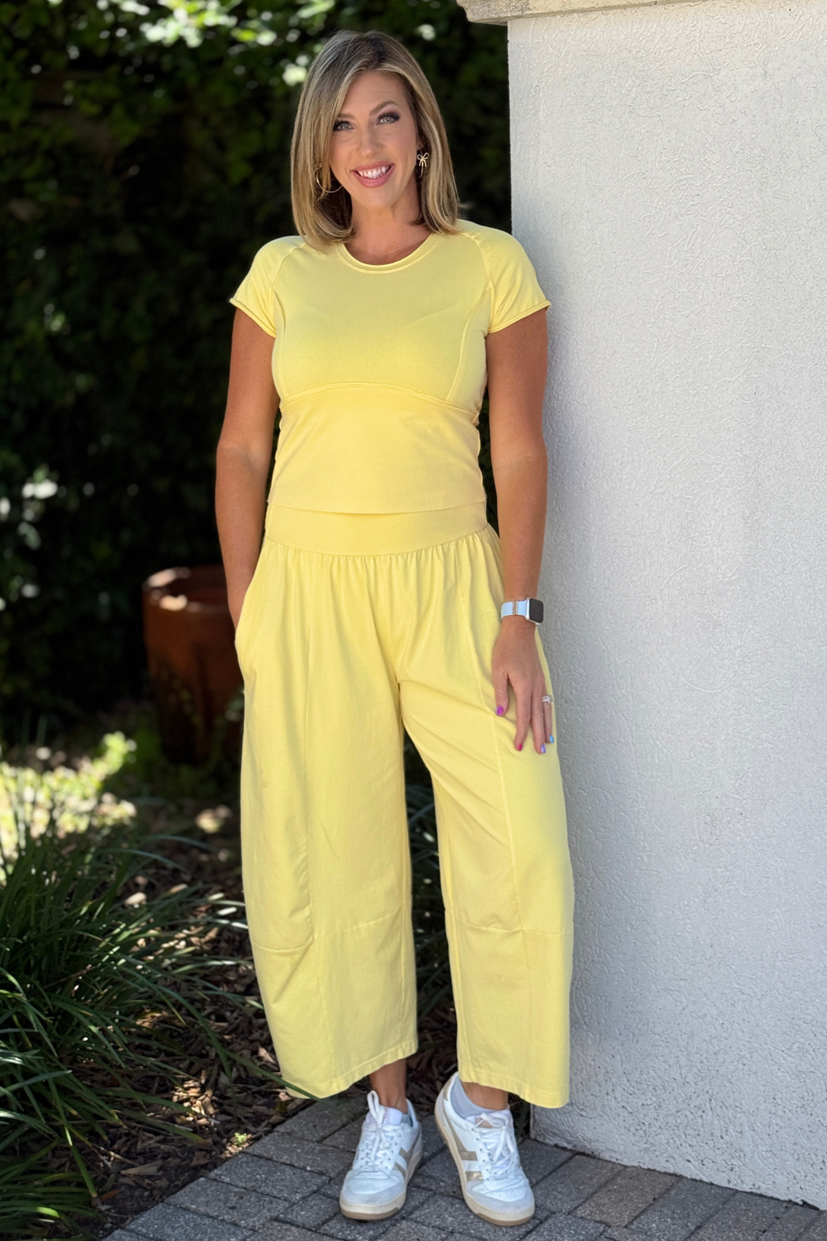 Women's butter yellow boutique pants with smocked waistband