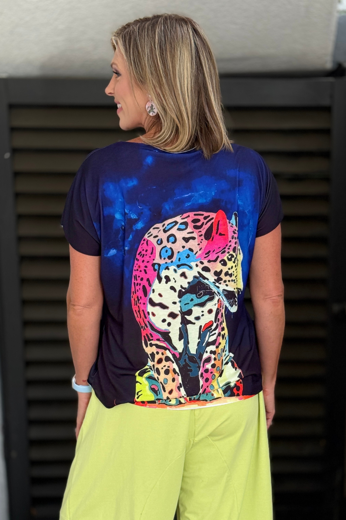 Breathable women’s graphic top with colorful leopard print