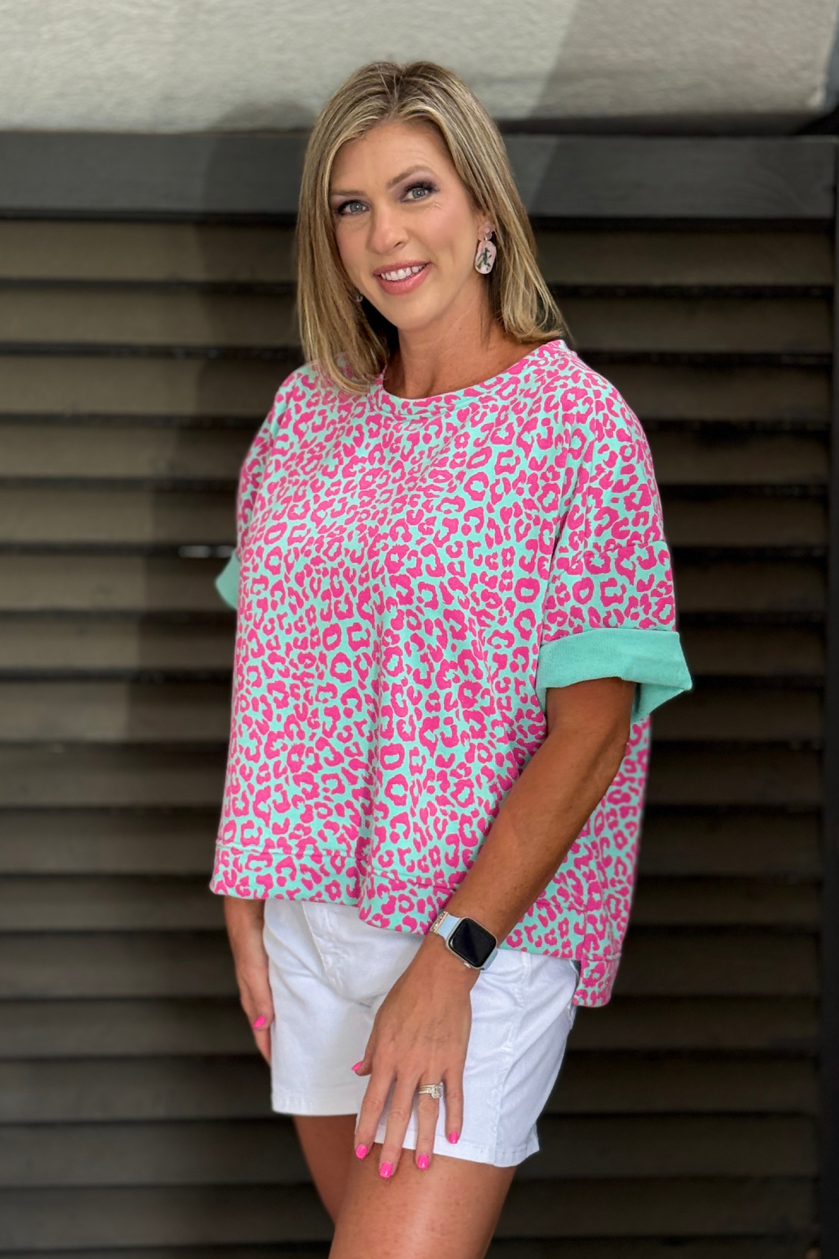 French terry feel leopard top with rolled sleeves