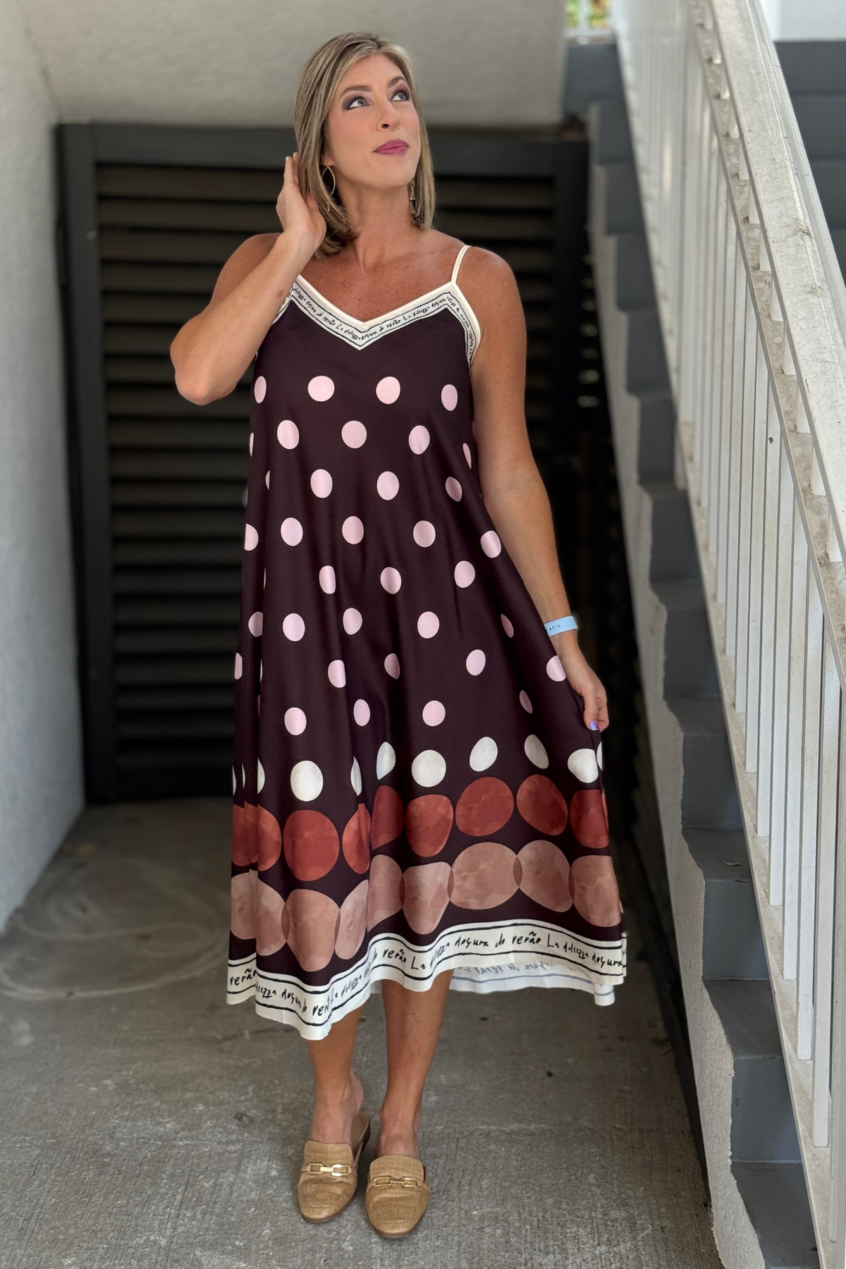 The Espresso Dot Border Maxi Dress front view