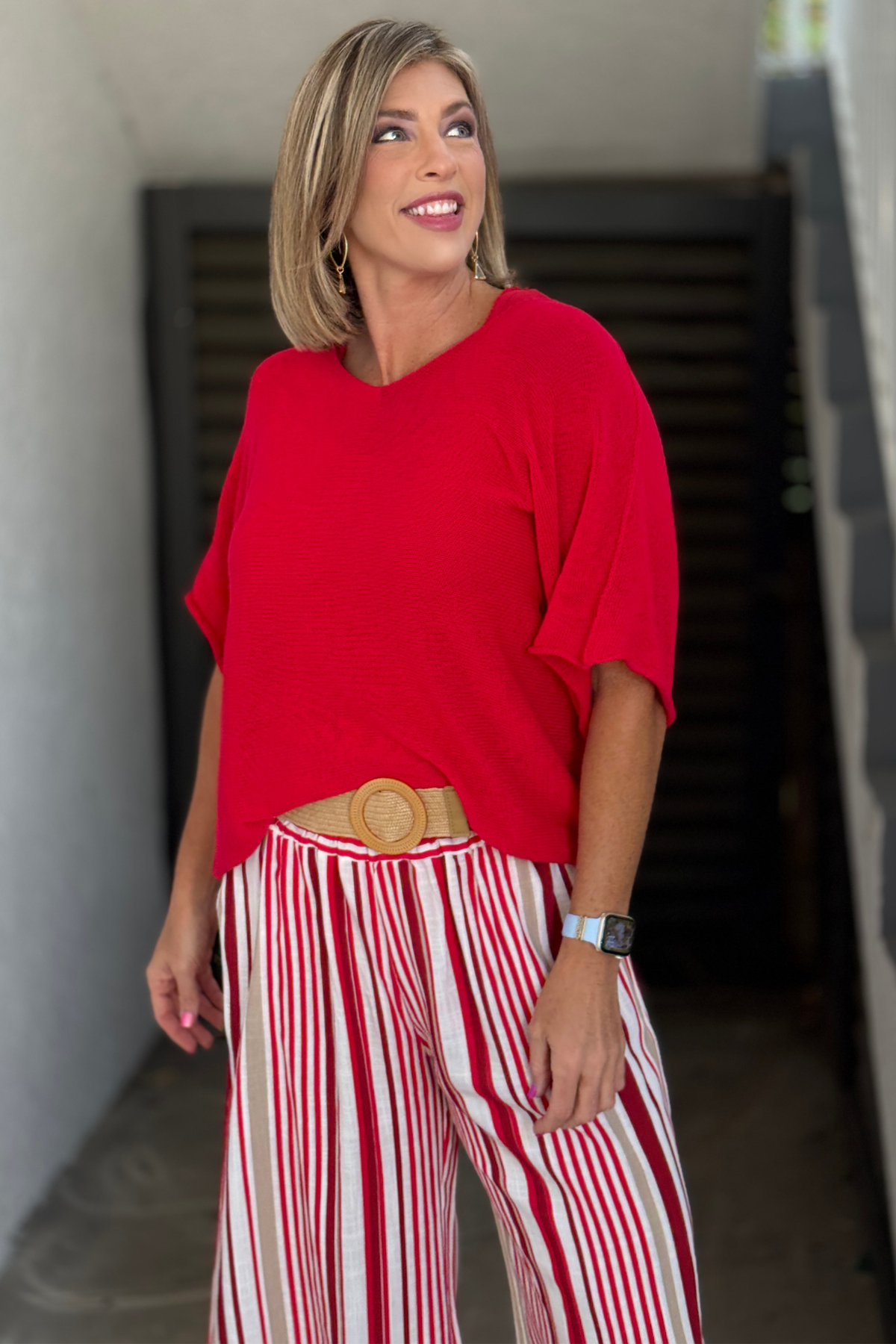 Ravello Red Sheer Knit Top front view