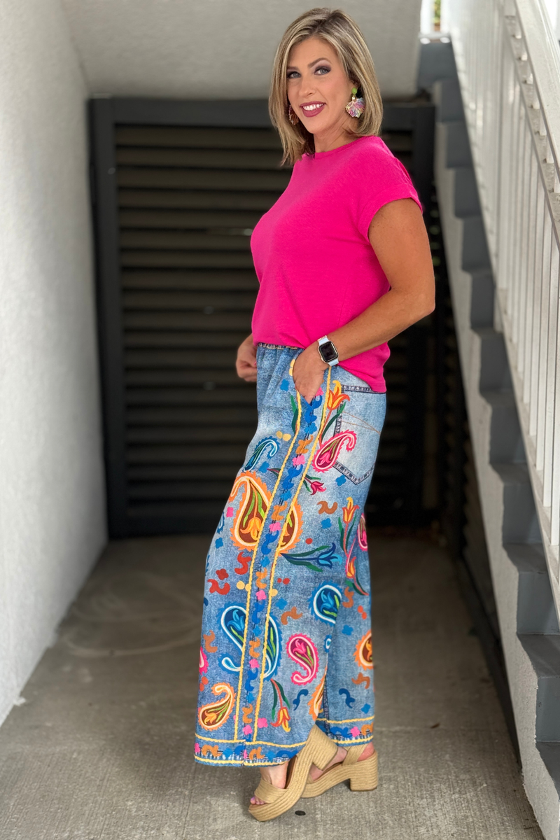 Colorful faux denim palazzo pants with paisley design